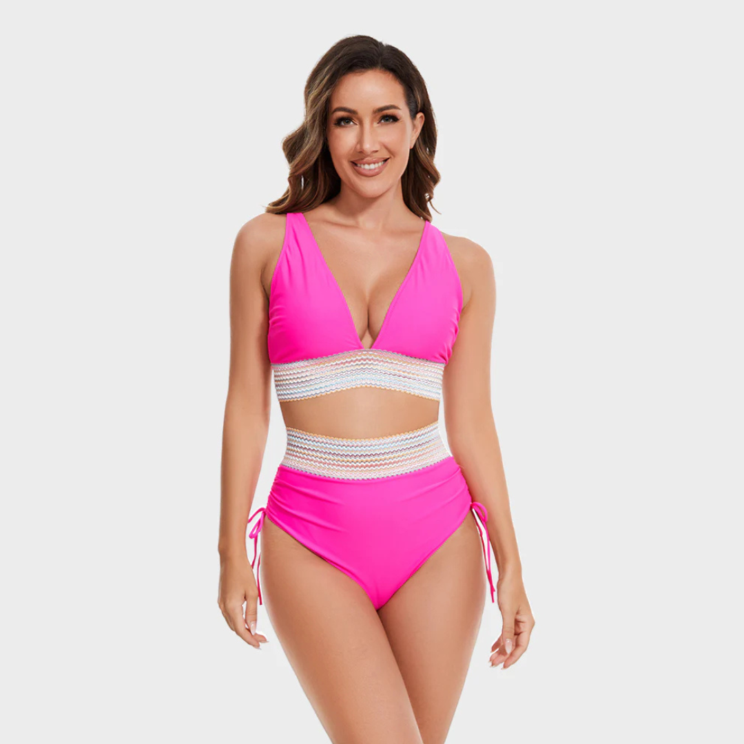 Women's High-Waisted Bikini Swimsuit Set with Crochet Waist