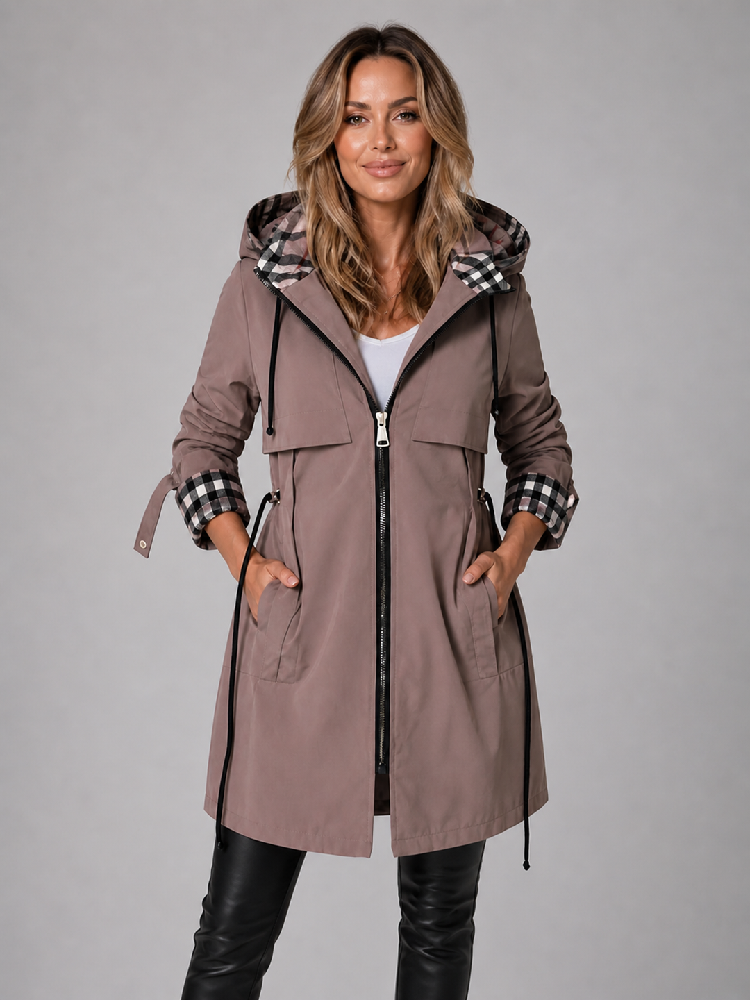 Women’s Hooded Long Jacket with Adjustable Waist Fit
