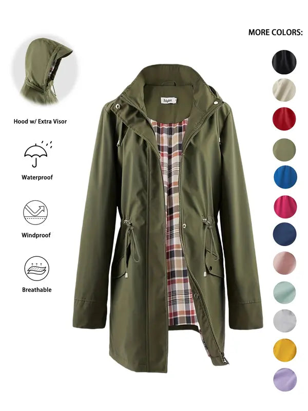 Women's Hooded Trench Coat with Drawstring for Casual Wear