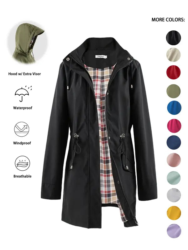 Women's Hooded Trench Coat with Drawstring for Casual Wear