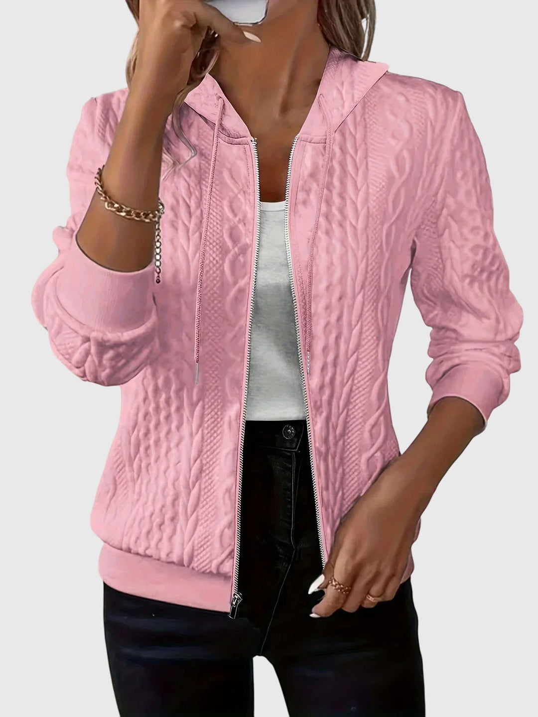 Women's Hoodie with Zipper Quilted Texture for Casualwear
