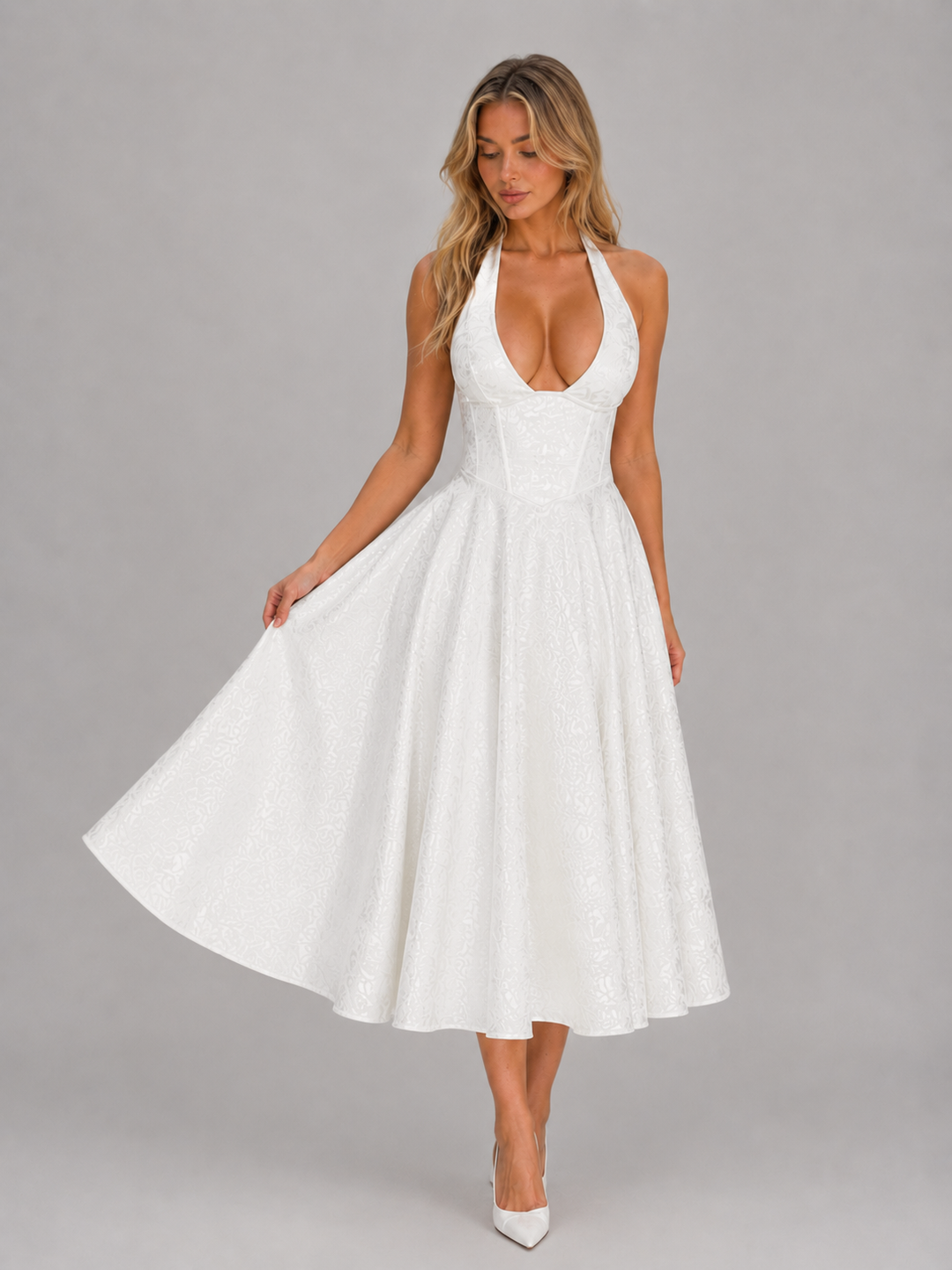 Women’s Jacquard Halter Midi Dress with Skirt