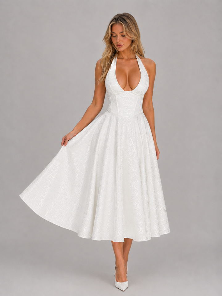 Women’s Jacquard Halter Midi Dress with Skirt