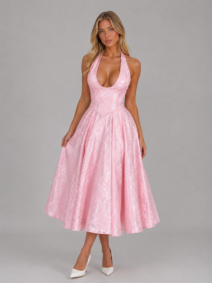 Women’s Jacquard Halter Midi Dress with Skirt