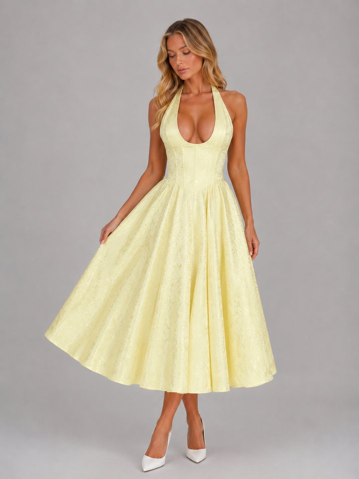 Women’s Jacquard Halter Midi Dress with Skirt