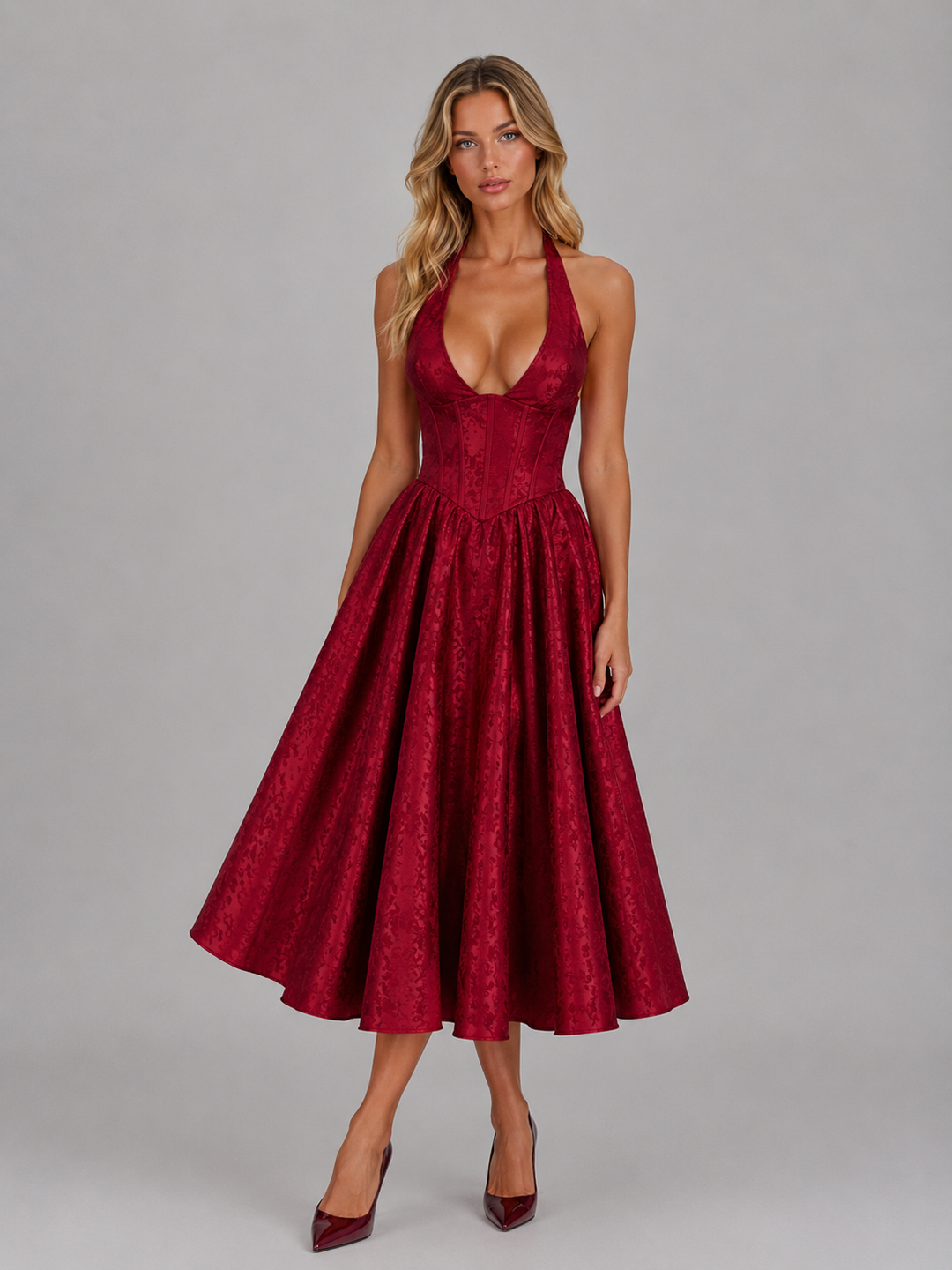 Women’s Jacquard Halter Midi Dress with Skirt