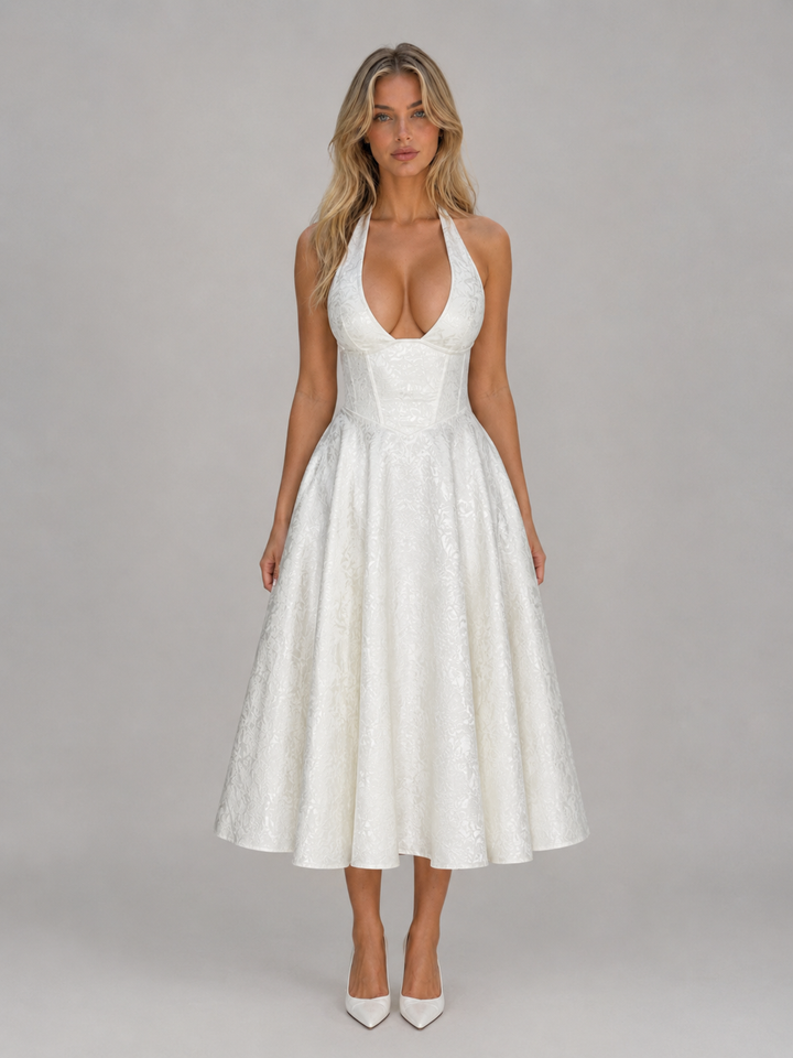 Women’s Jacquard Halter Midi Dress with Skirt