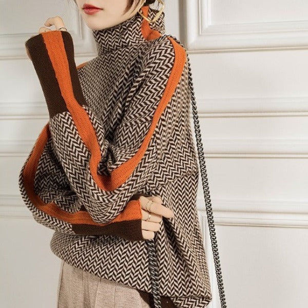 Women's Jumper with High Collar Stripes for Office
