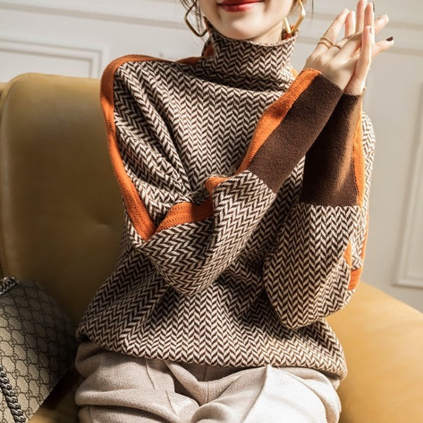 Women's Jumper with High Collar Stripes for Office