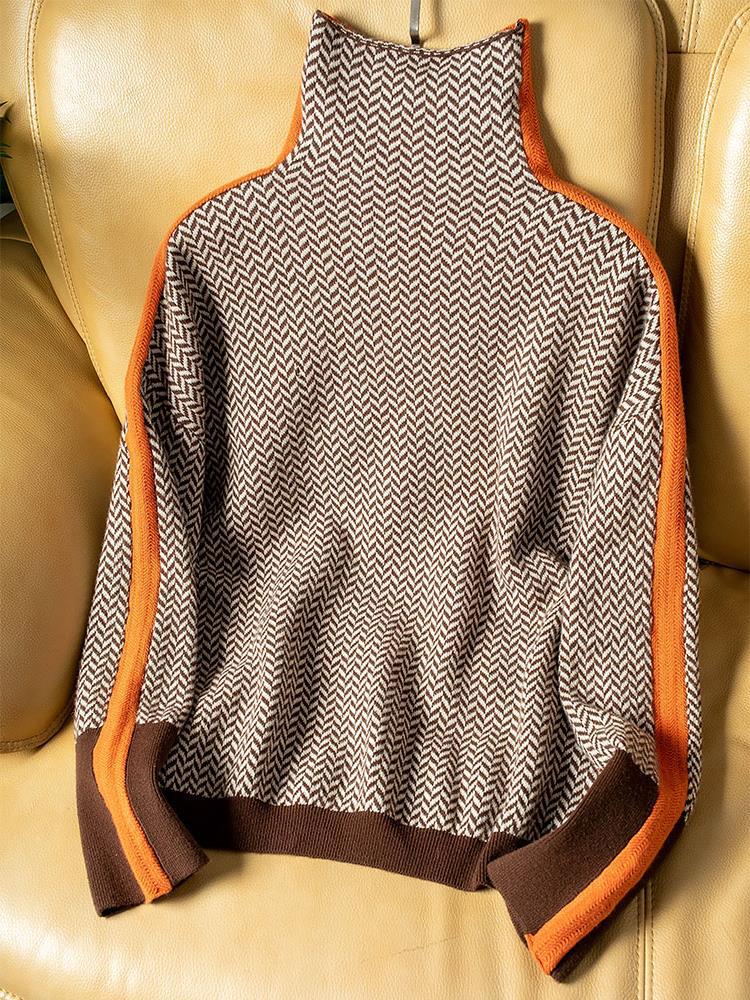 Women's Jumper with High Collar Stripes for Office