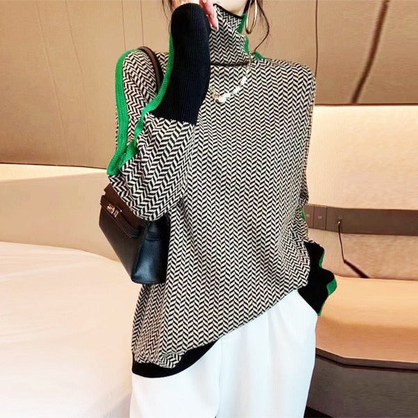 Women's Jumper with High Collar Stripes for Office