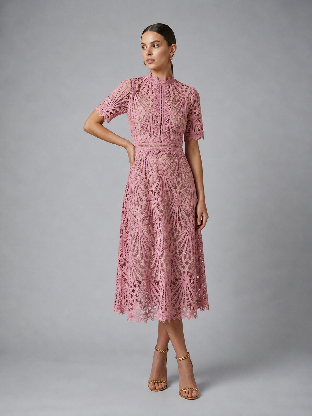 Women’s Lace Midi Dress with High Neck