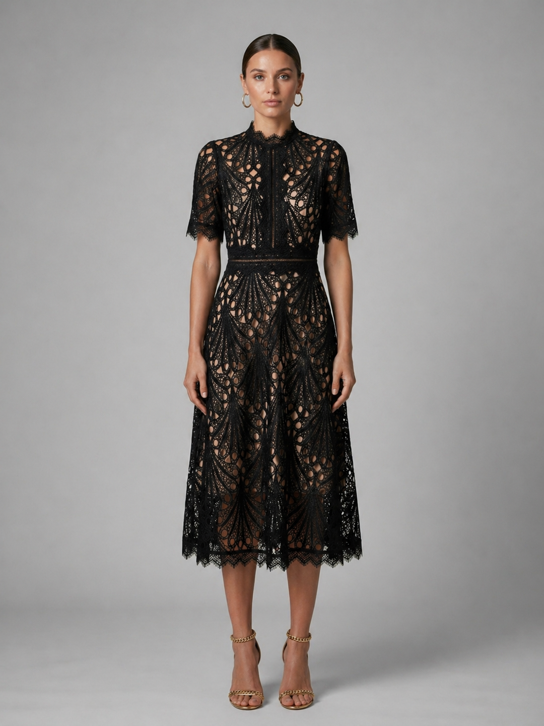 Women’s Lace Midi Dress with High Neck