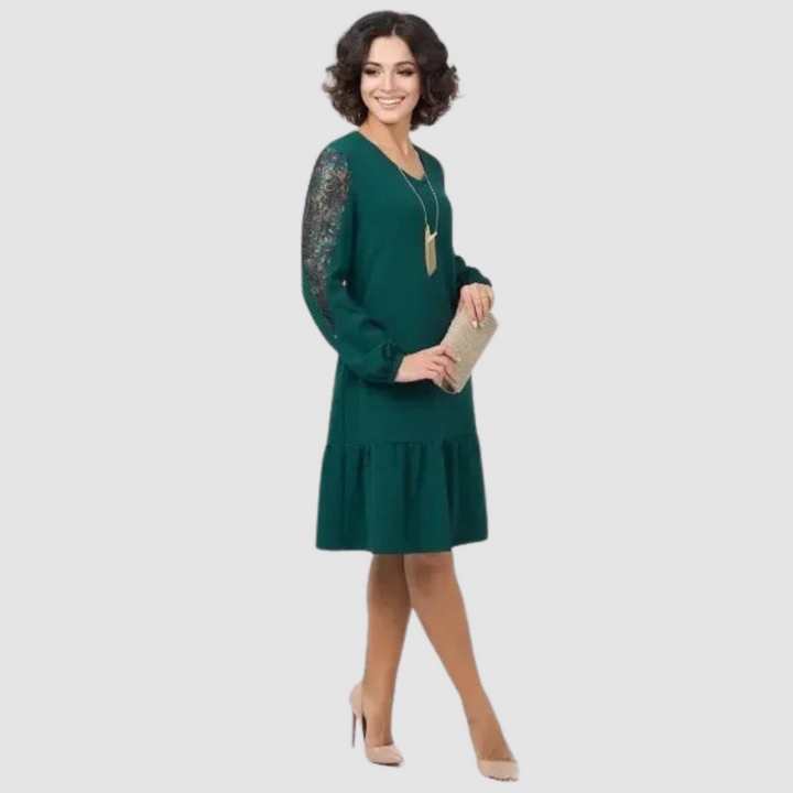 Women's Lace-Sleeve Midi Dress with Floral Lace Sleeves
