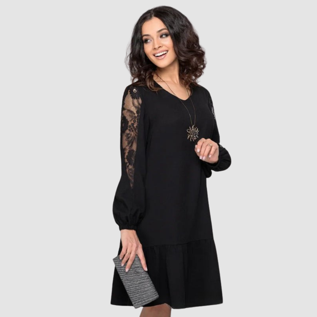Women's Lace-Sleeve Midi Dress with Floral Lace Sleeves