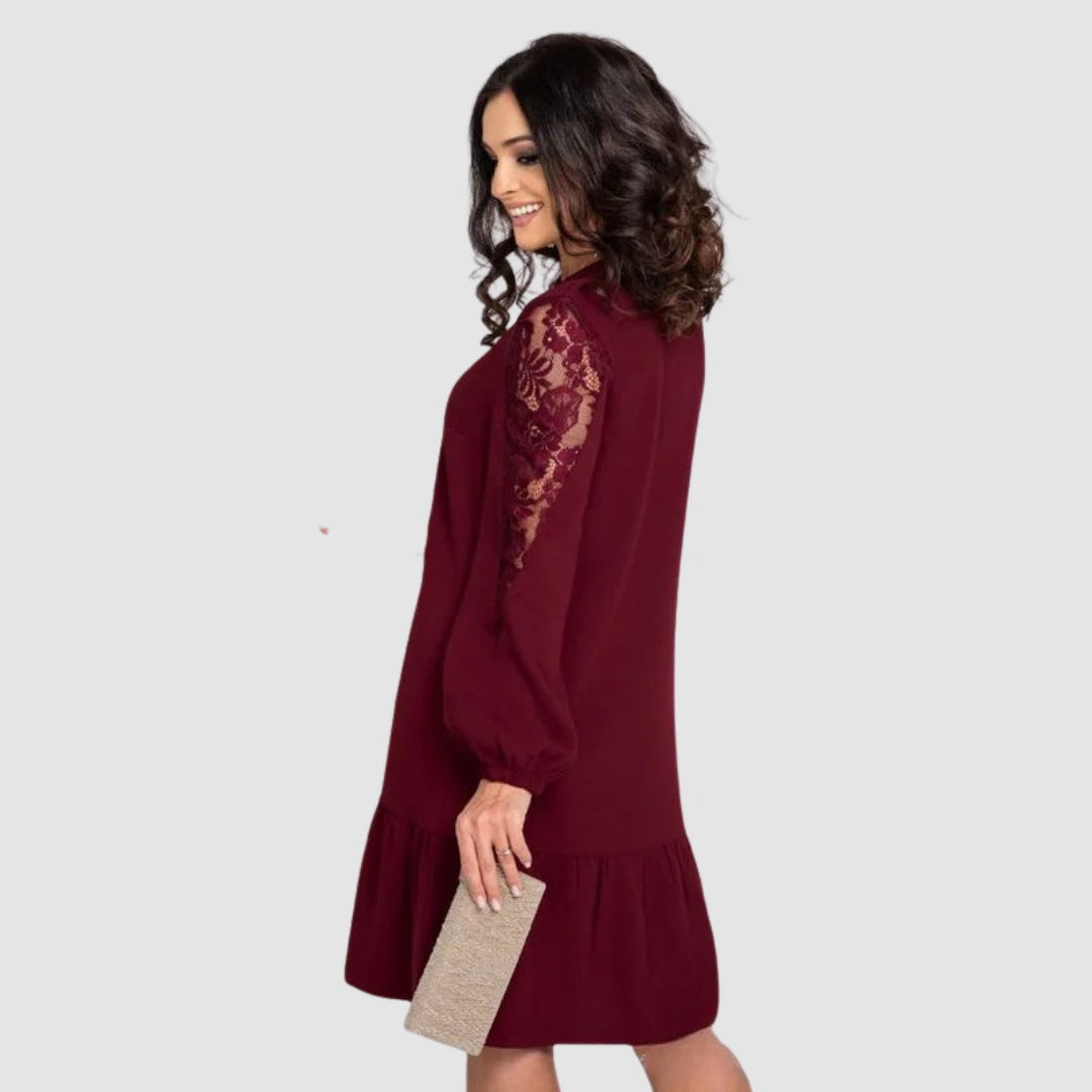 Women's Lace-Sleeve Midi Dress with Floral Lace Sleeves