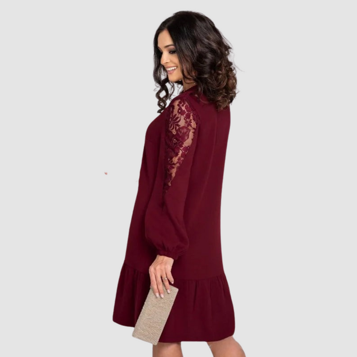 Women's Lace-Sleeve Midi Dress with Floral Lace Sleeves