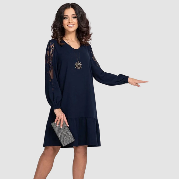 Women's Lace-Sleeve Midi Dress with Floral Lace Sleeves