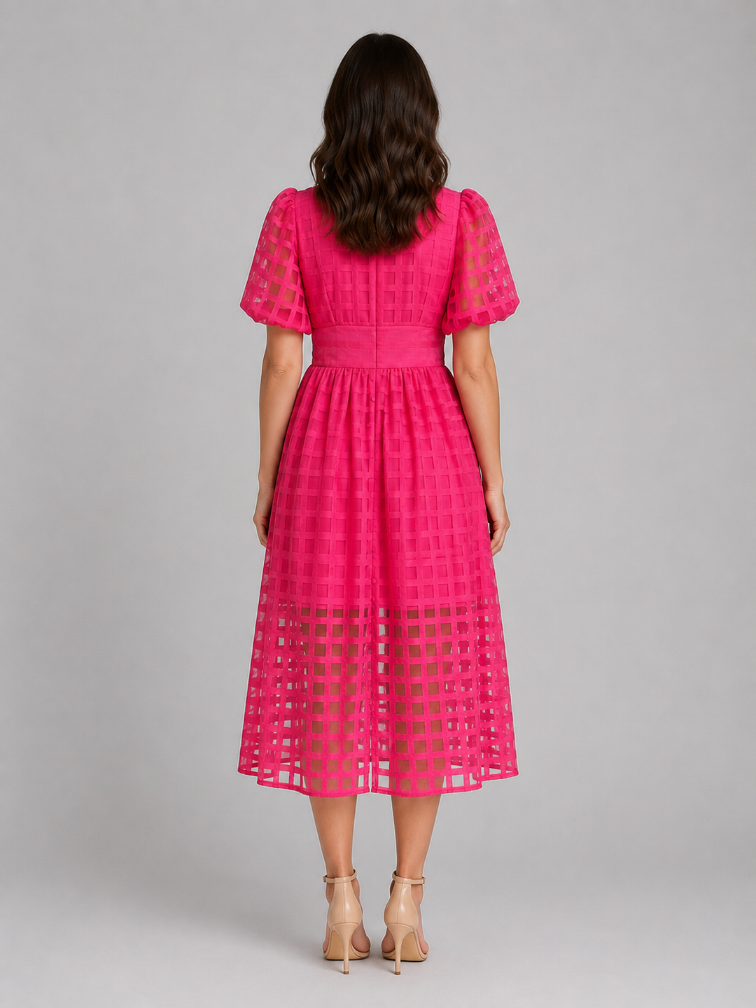Women’s Lattice Midi Dress with Puff Sleeve