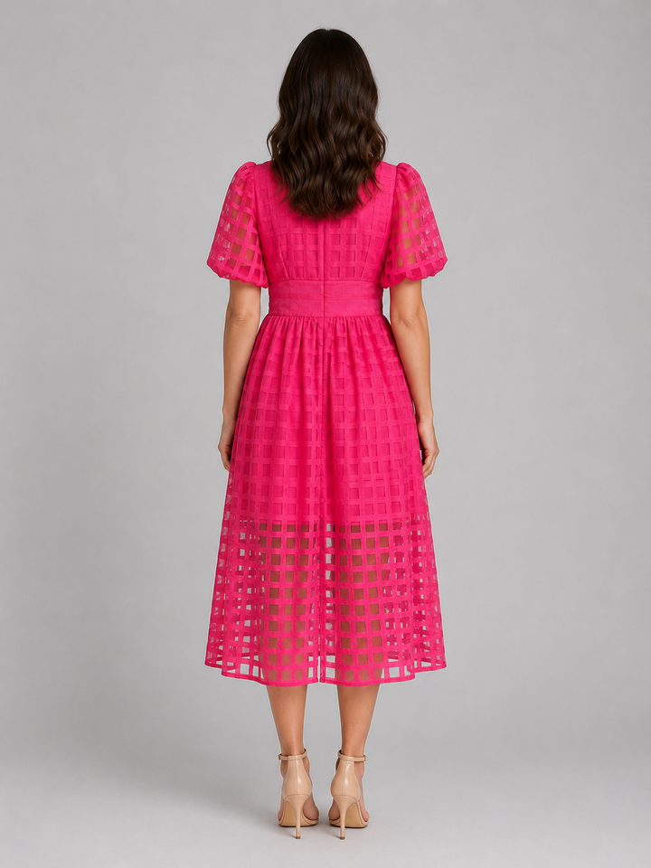 Women’s Lattice Midi Dress with Puff Sleeve