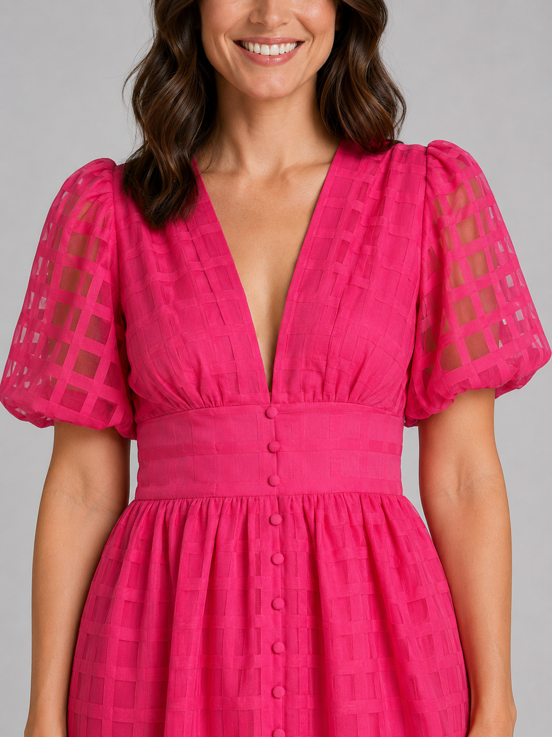 Women’s Lattice Midi Dress with Puff Sleeve