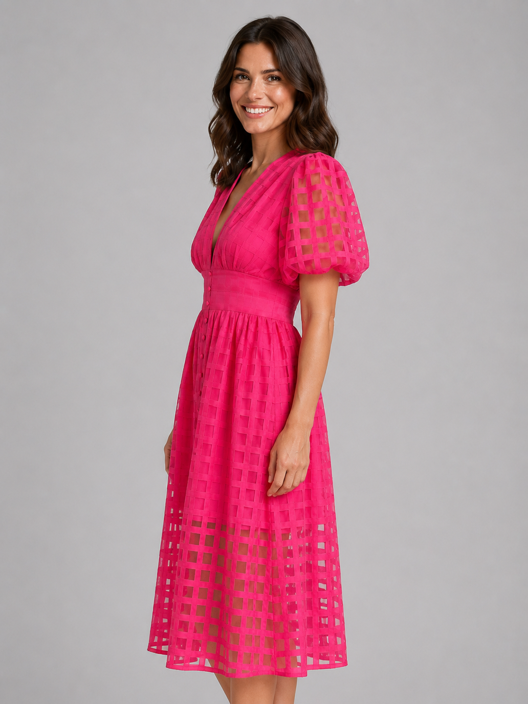 Women’s Lattice Midi Dress with Puff Sleeve