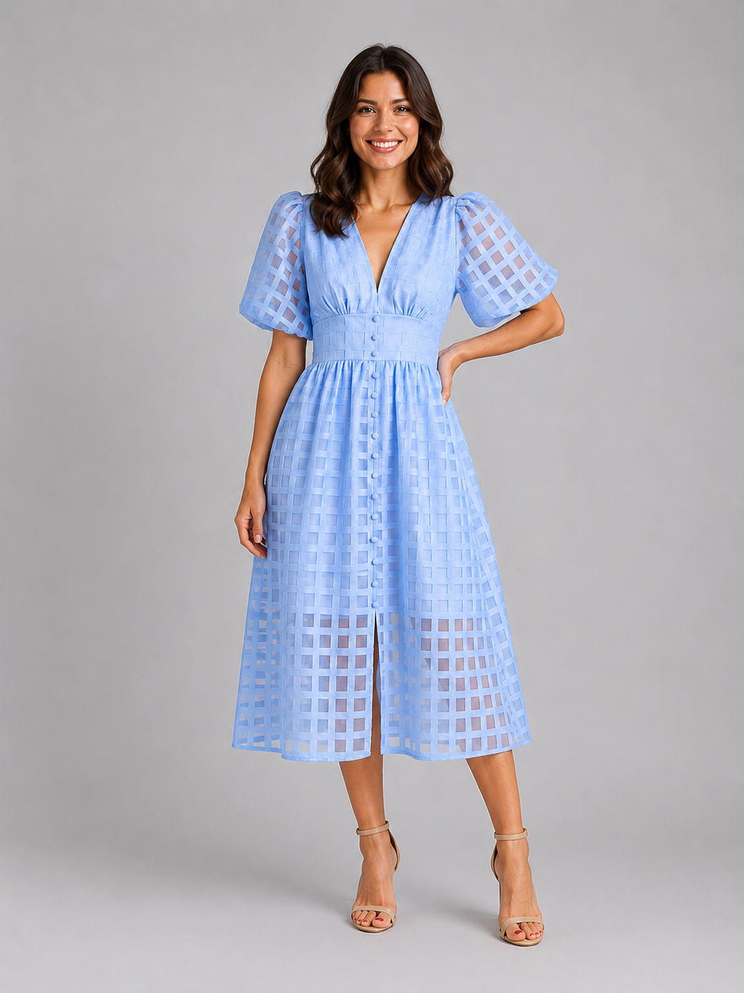 Women’s Lattice Midi Dress with Puff Sleeve