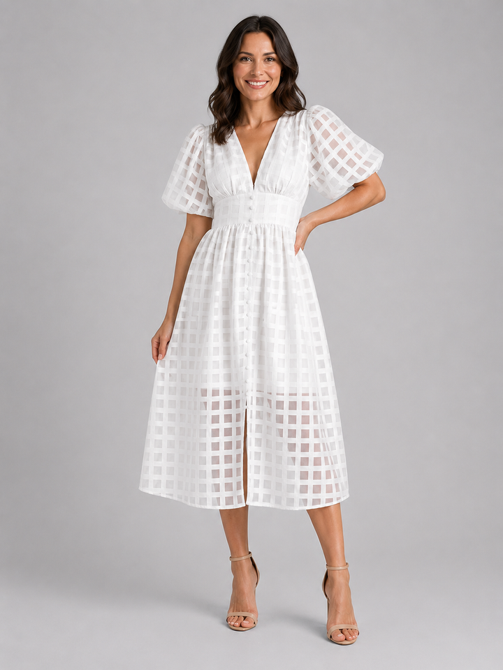 Women’s Lattice Midi Dress with Puff Sleeve
