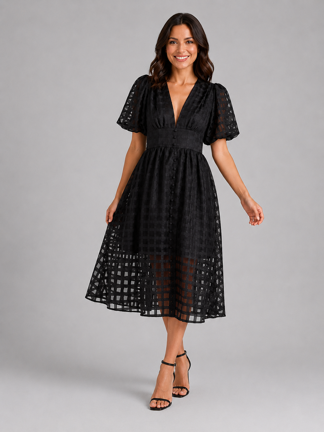 Women’s Lattice Midi Dress with Puff Sleeve