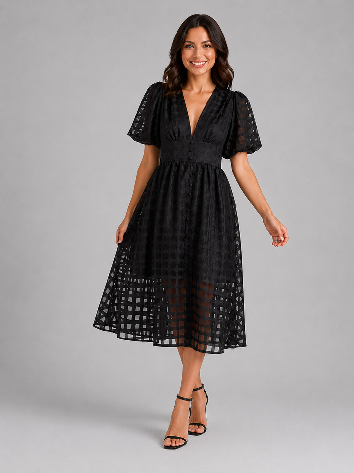 Women’s Lattice Midi Dress with Puff Sleeve
