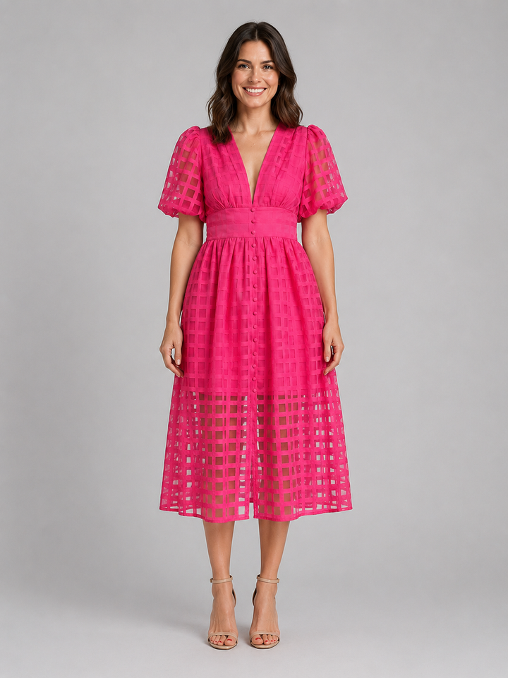 Women’s Lattice Midi Dress with Puff Sleeve