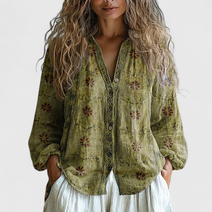 Women's Leaf-Print Blouse with Green Placket for Office