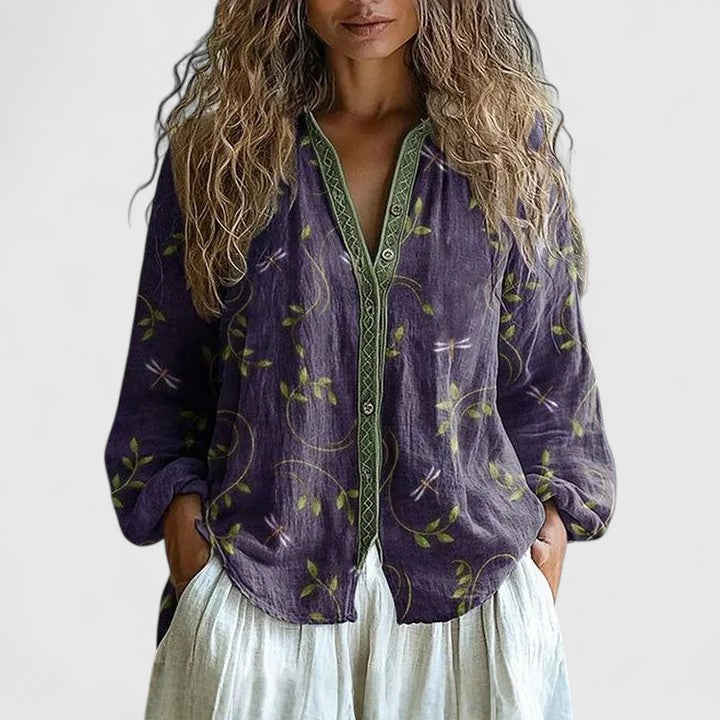 Women's Leaf-Print Blouse with Green Placket for Office