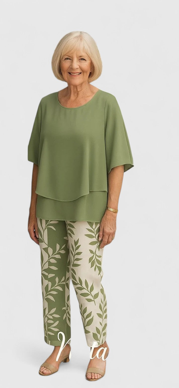 Women's Leaf-Print Top Set with Trousers for Casual Outings