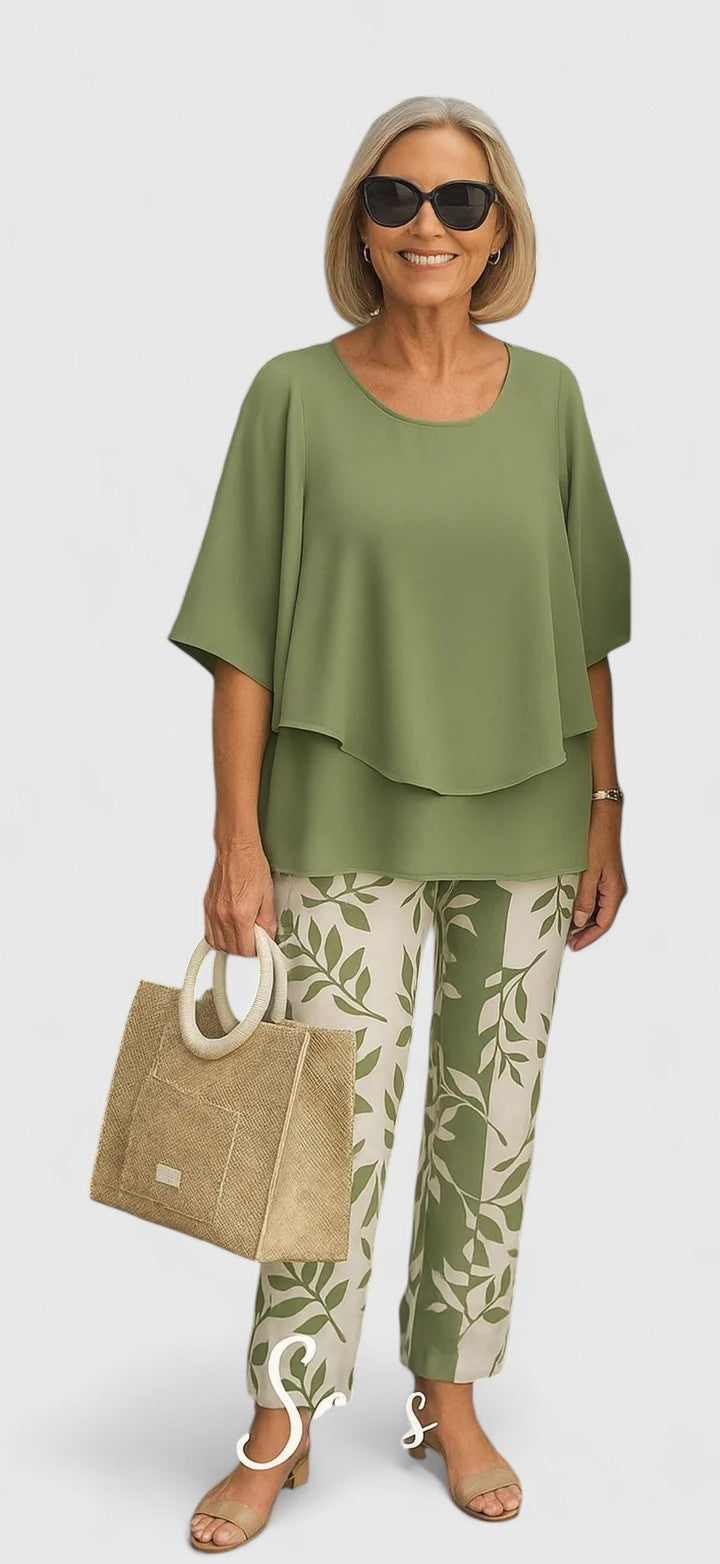 Women's Leaf-Print Top Set with Trousers for Casual Outings