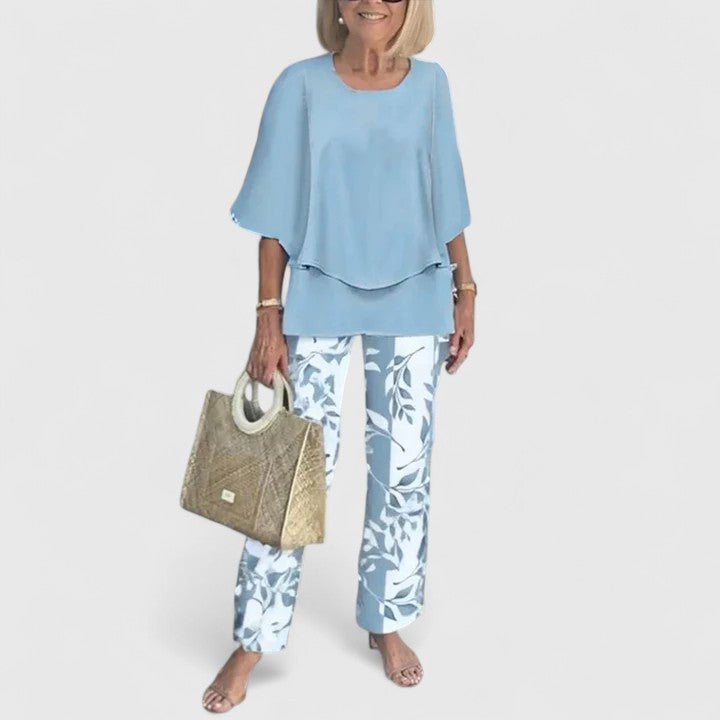 Women's Leaf-Print Top Set with Trousers for Casual Outings