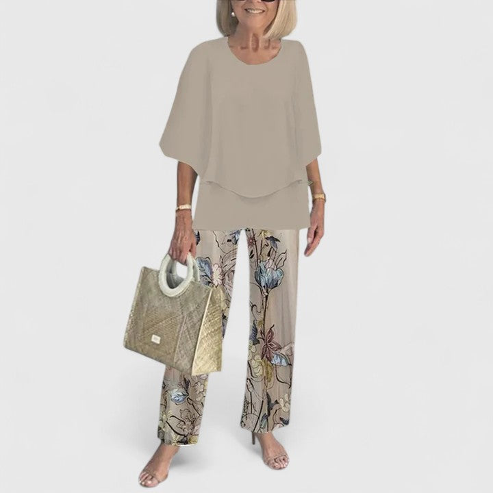 Women's Leaf-Print Top Set with Trousers for Casual Outings