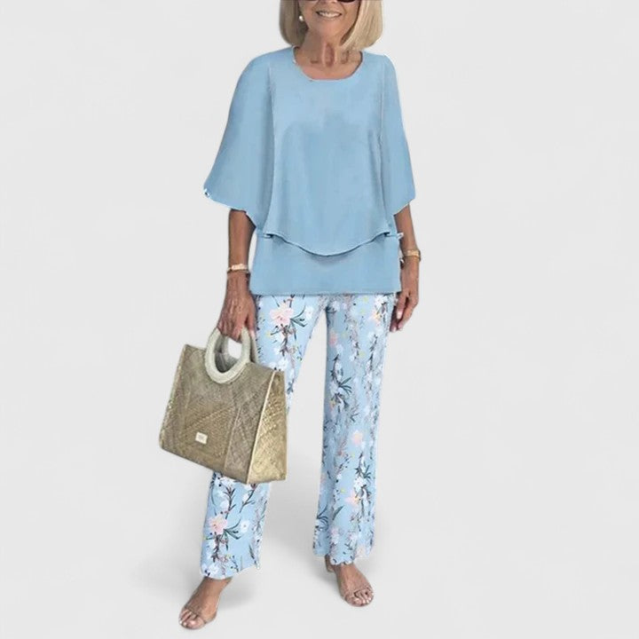Women's Leaf-Print Top Set with Trousers for Casual Outings