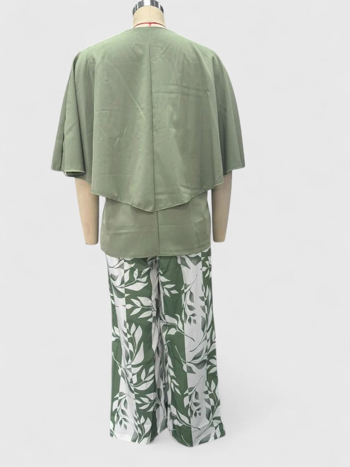 Women's Leaf-Print Top Set with Trousers for Casual Outings