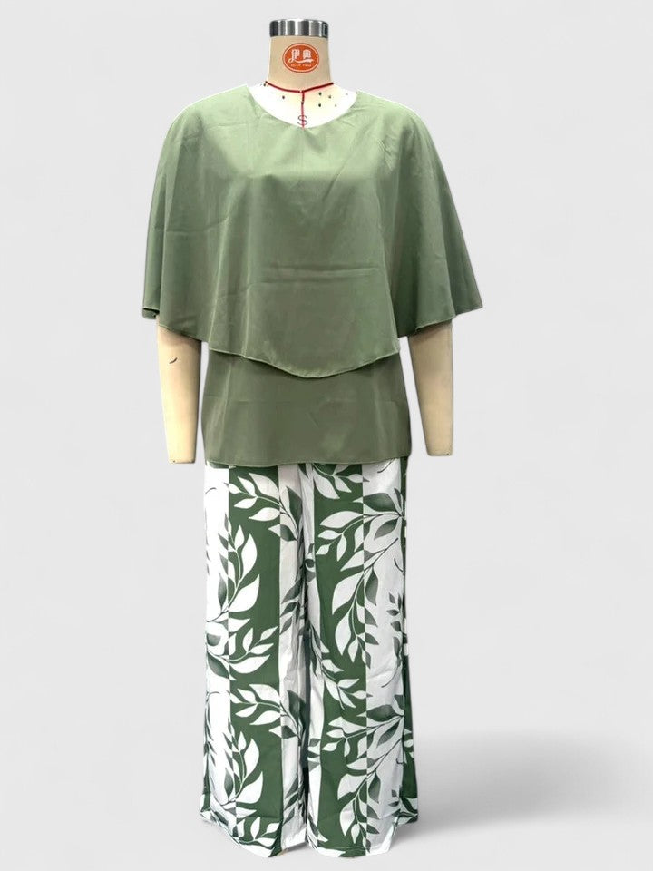 Women's Leaf-Print Top Set with Trousers for Casual Outings