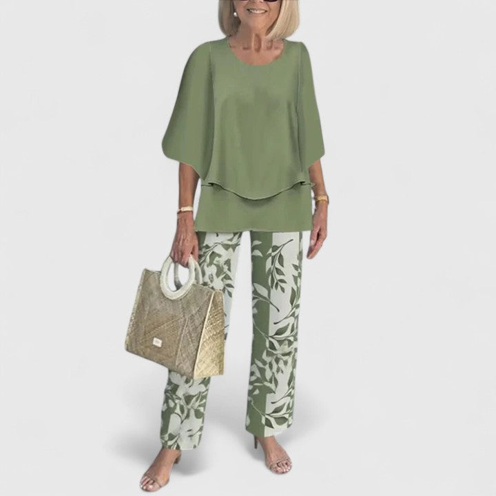 Women's Leaf-Print Top Set with Trousers for Casual Outings