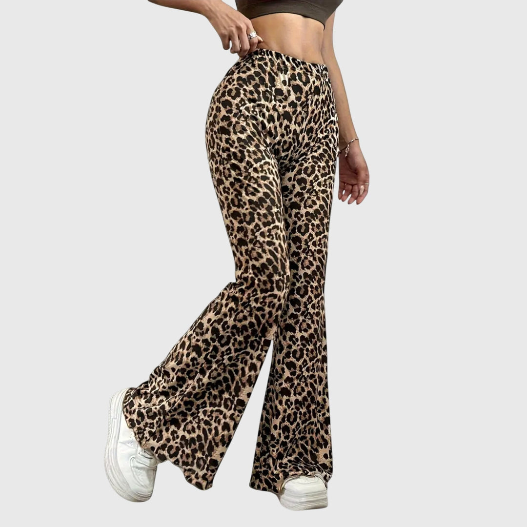 Women's Leopard Bootcut Trousers with High Waist for Evening