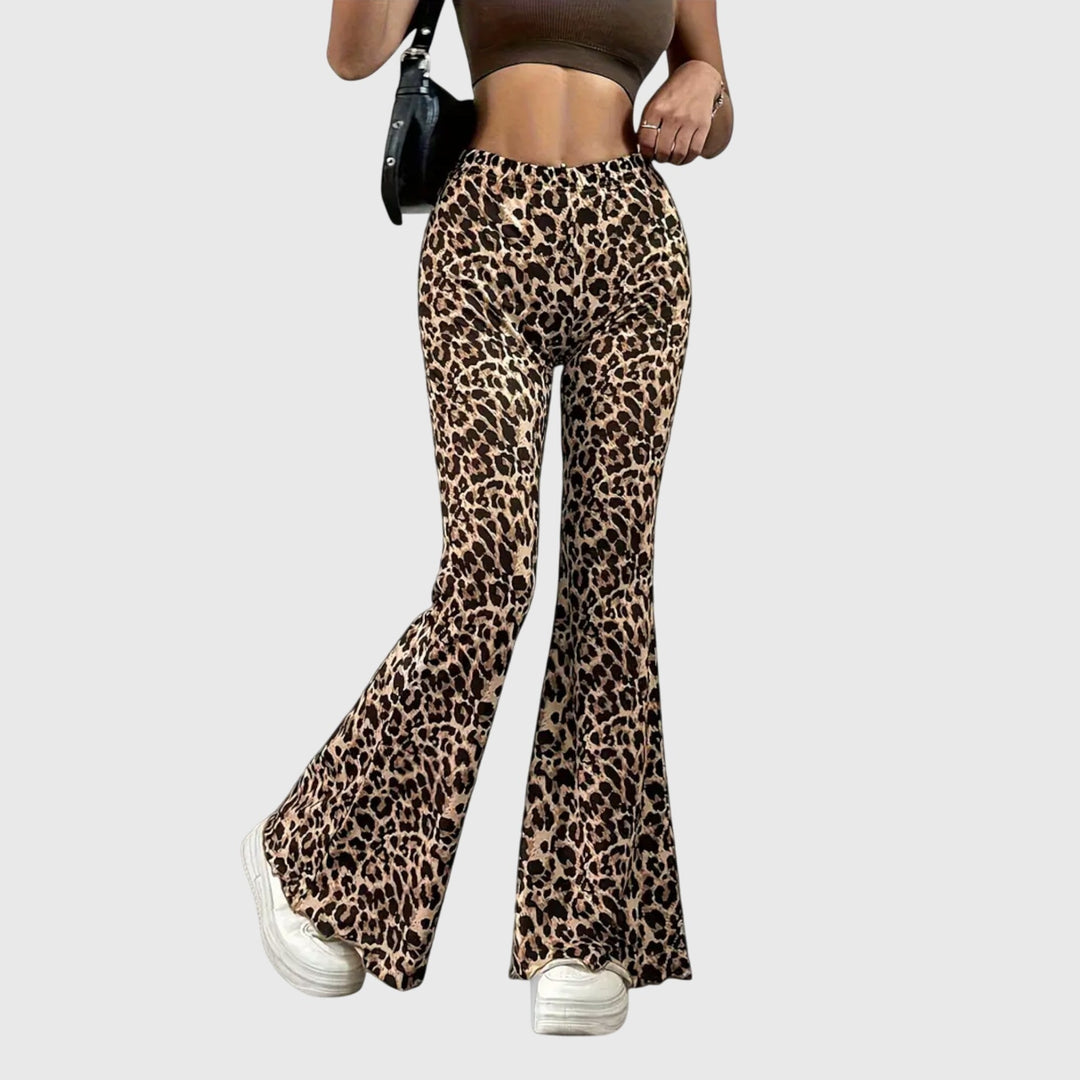 Women's Leopard Bootcut Trousers with High Waist for Evening
