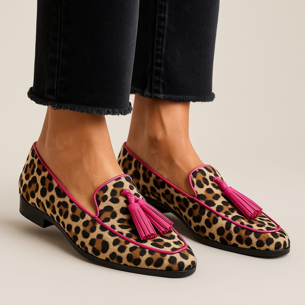 Women's Leopard Fringe Slippers with Pink Tassels for Casual Wear