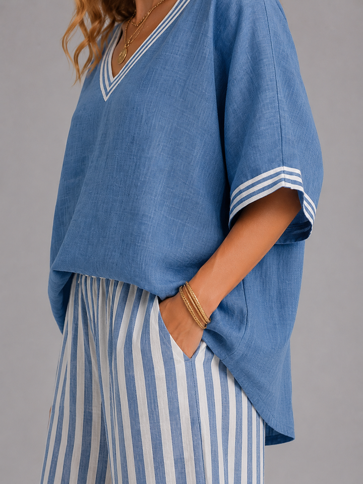 Women's Linen-Look Two-Piece Set with Striped Trousers