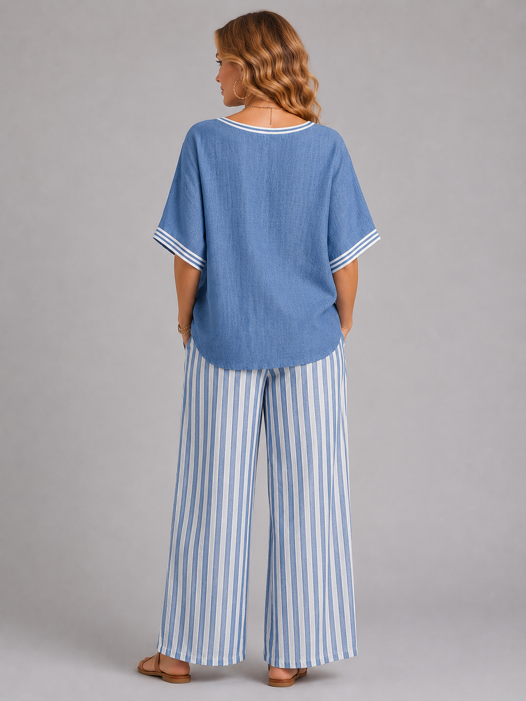 Women's Linen-Look Two-Piece Set with Striped Trousers