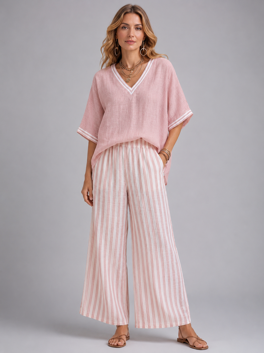 Women's Linen-Look Two-Piece Set with Striped Trousers