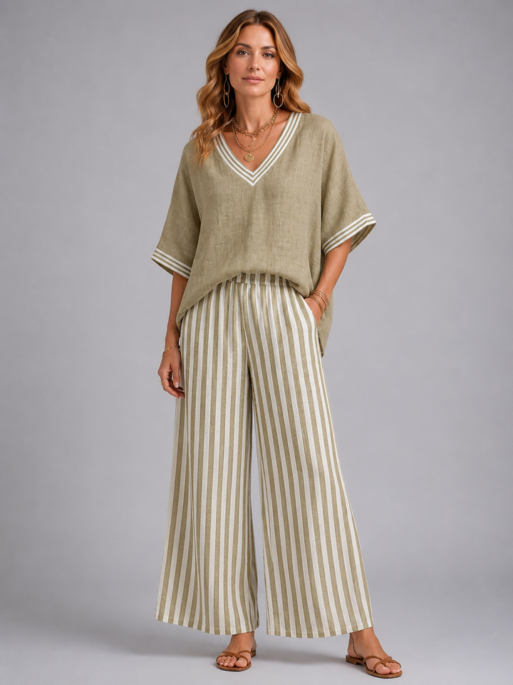 Women's Linen-Look Two-Piece Set with Striped Trousers