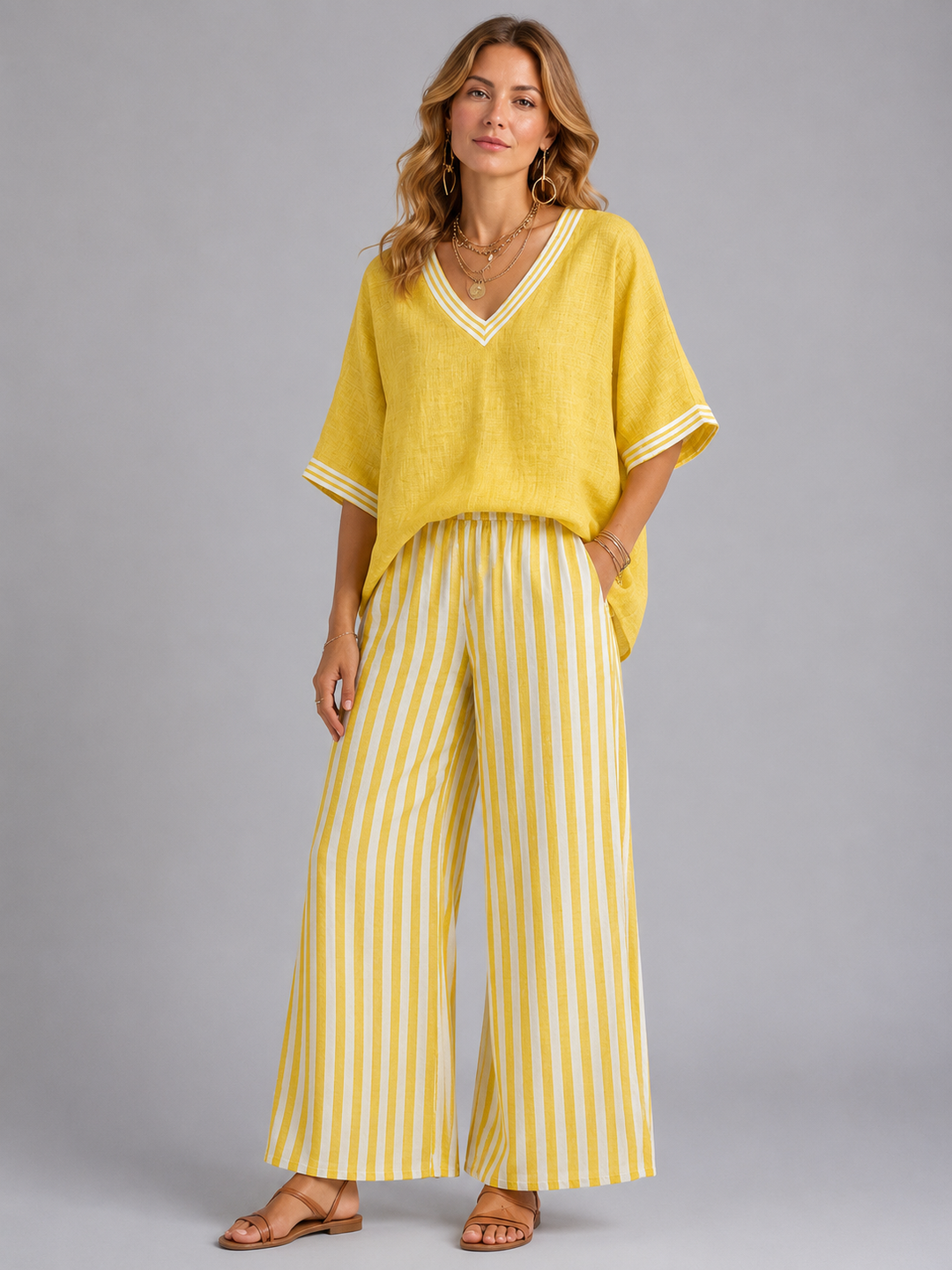 Women's Linen-Look Two-Piece Set with Striped Trousers