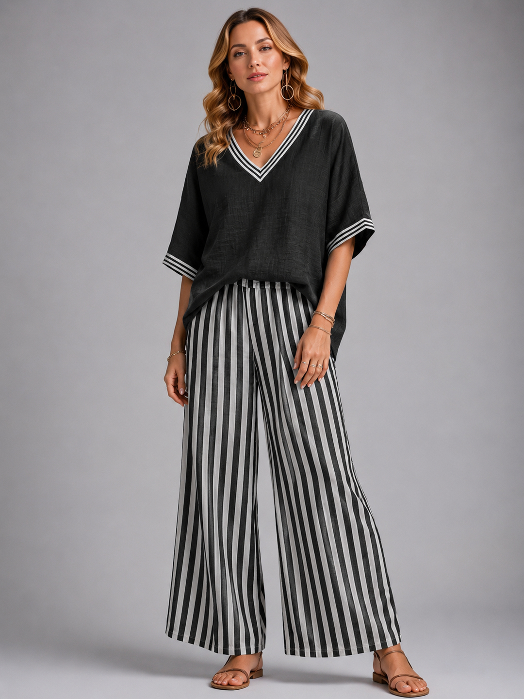 Women's Linen-Look Two-Piece Set with Striped Trousers